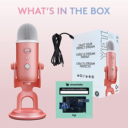 Blue Yeti USB microphone for streaming in pink with cable, packaging box, and Streamlabs setup guide