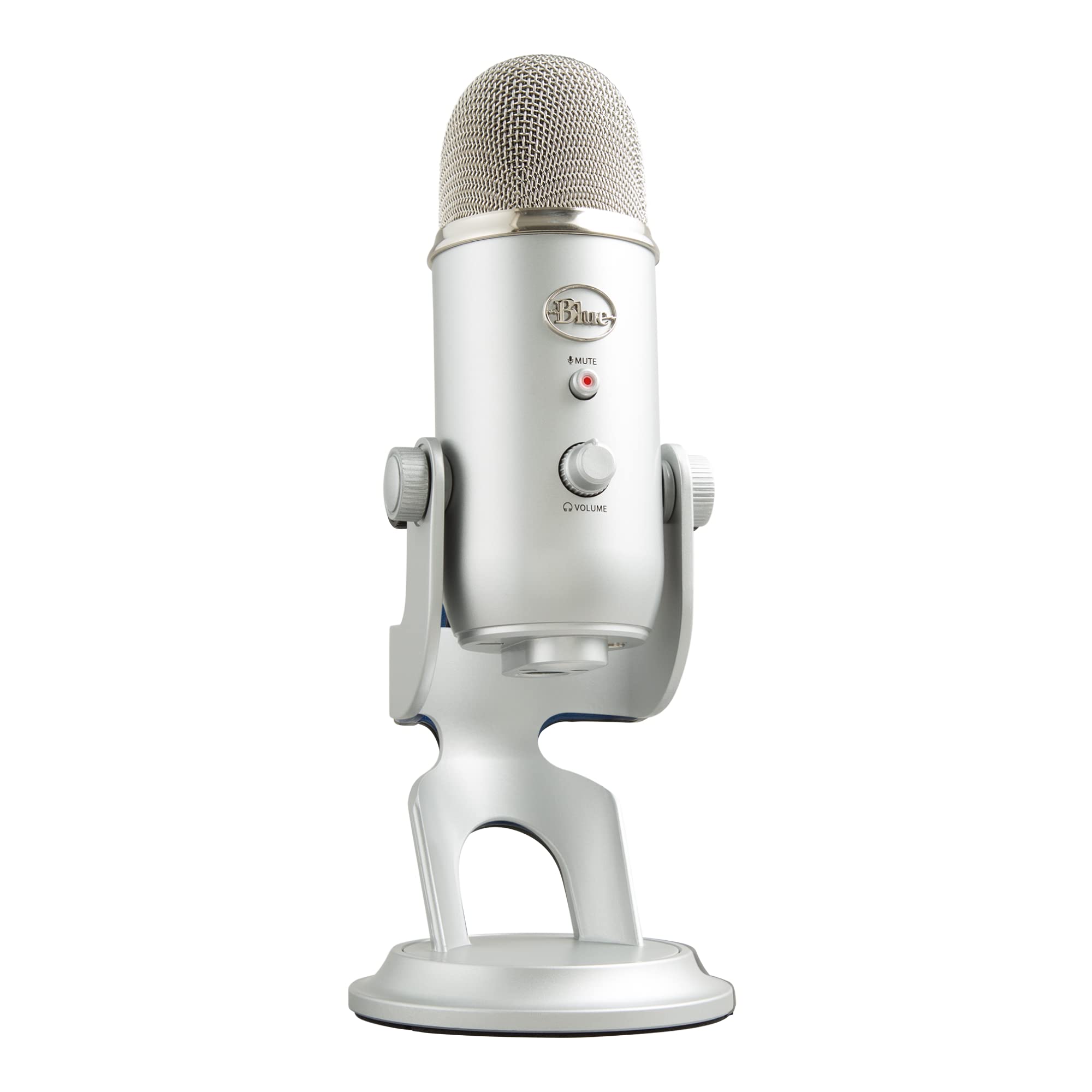 Blue Yeti USB microphone for streaming in silver with adjustable stand and volume control knob