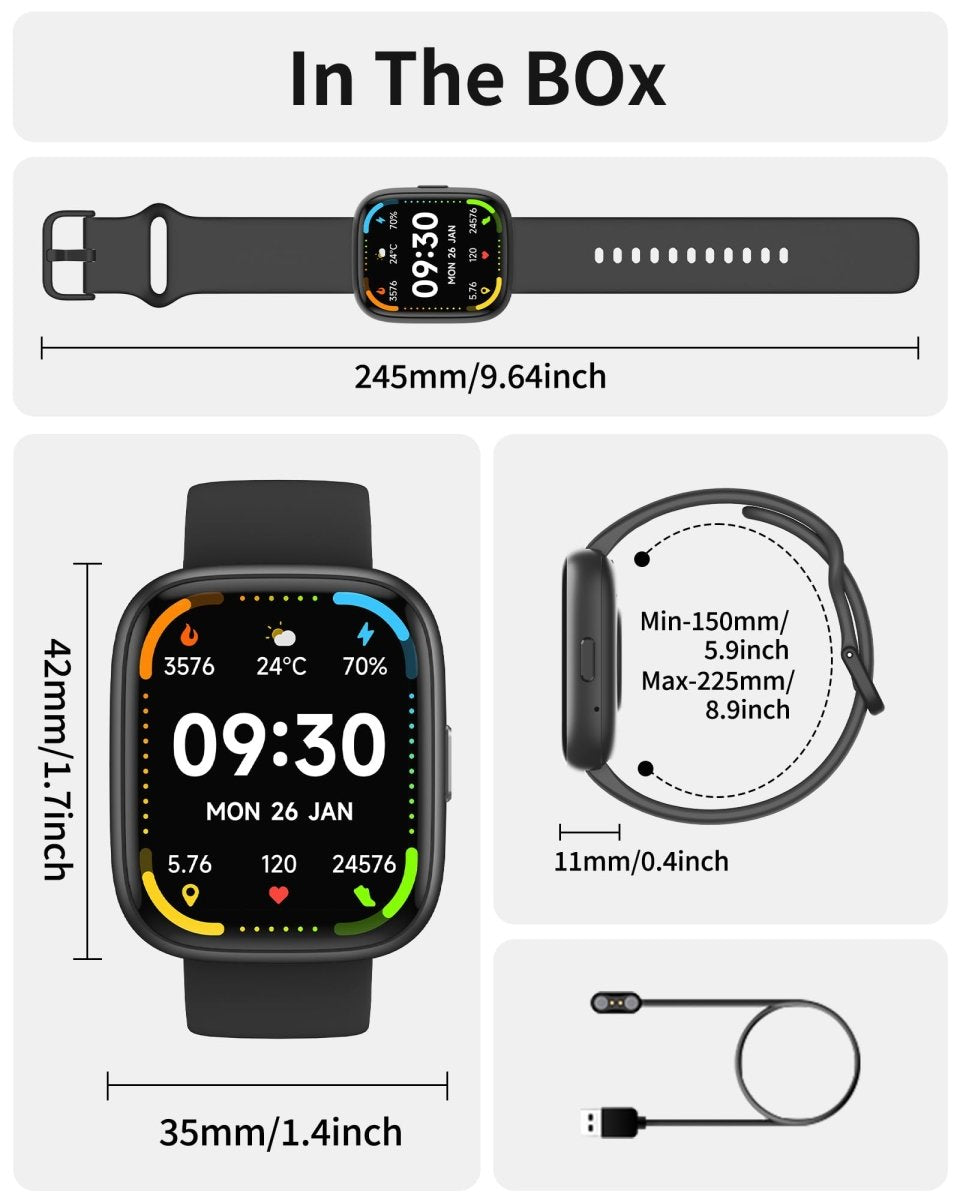Craques bluetooth calling smart watch with black strap showing dimensions and charging cable included