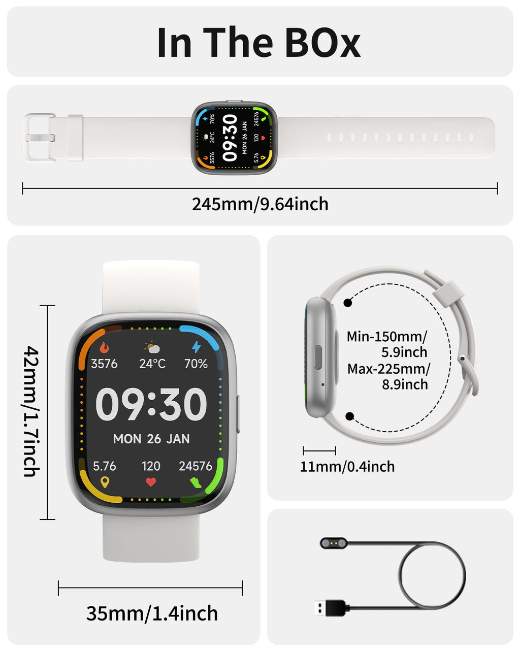 craques bluetooth calling smart watch with white strap and detailed product dimensions