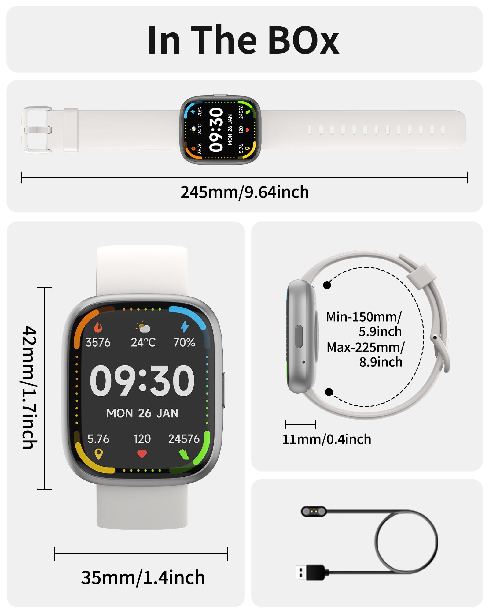 craques bluetooth calling smart watch with white strap and detailed product dimensions