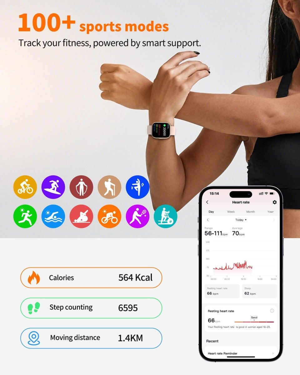 Bluetooth calling smart watch by craques showing fitness tracking with 100 sports modes and health stats on phone