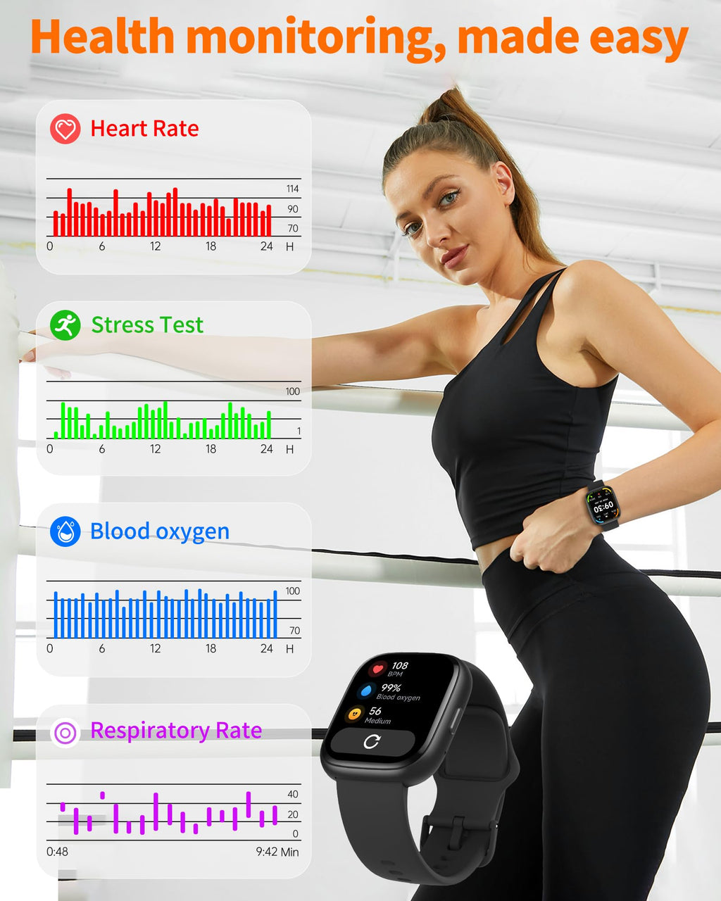 Bluetooth calling smart watch by craques worn by woman showing health monitoring features like heart rate and blood oxygen