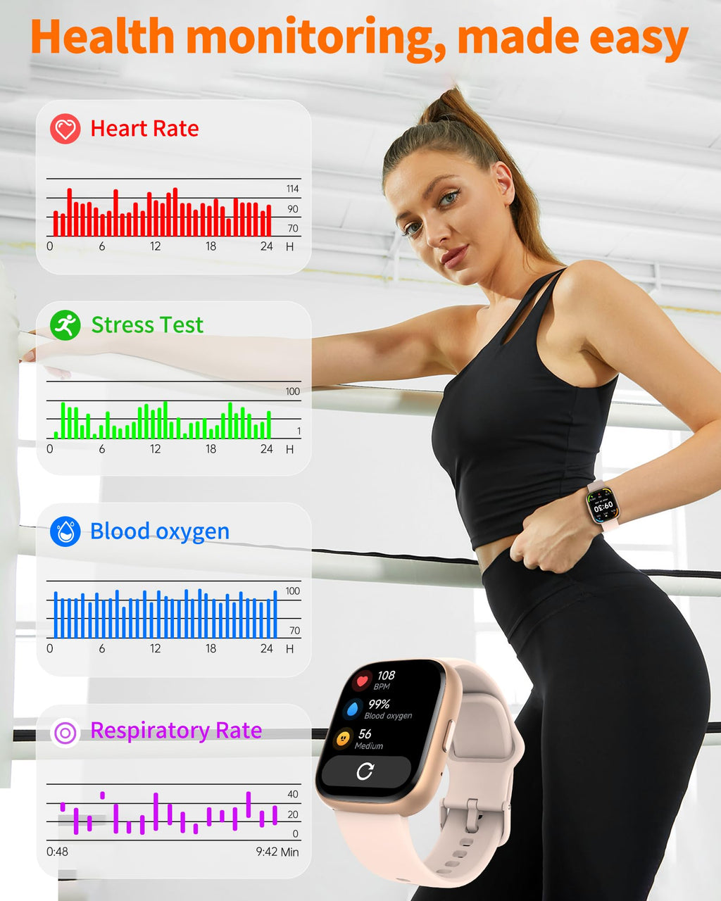 craques bluetooth calling smart watch in pink showing health data with woman in black workout clothes