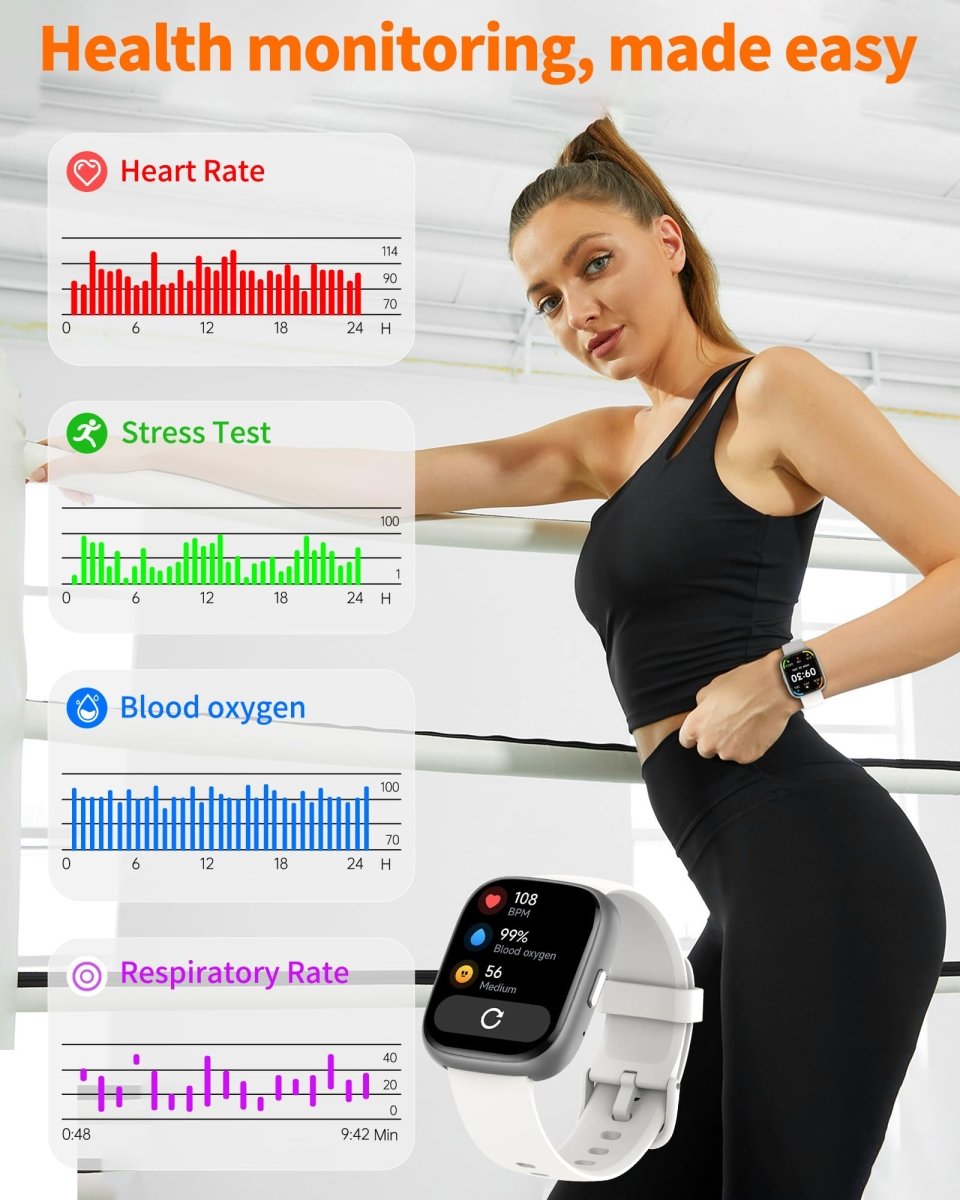 Craques bluetooth calling smart watch worn by a woman showing health monitoring features like heart rate and blood oxygen