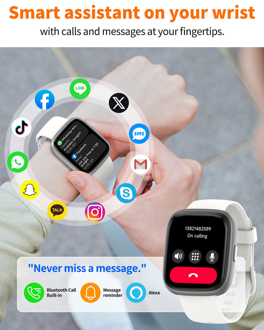 Craques bluetooth calling smart watch with message reminder and call features in white