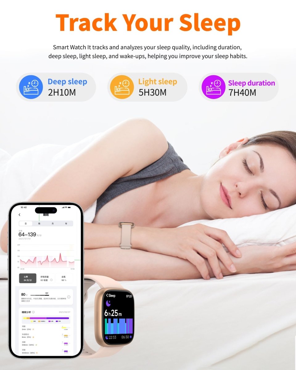 craques bluetooth calling smart watch tracking sleep quality with duration and stages displayed