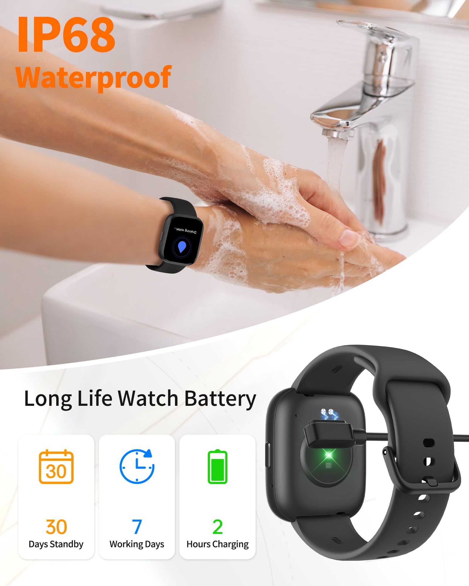 Craques bluetooth calling smart watch with IP68 waterproof feature shown being washed under water