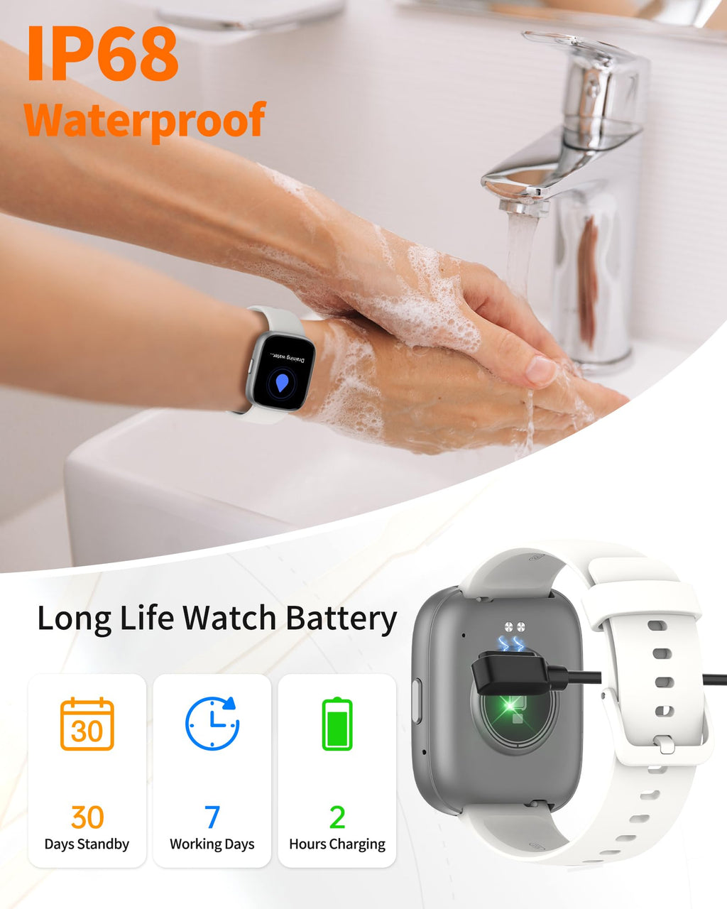 Bluetooth calling smart watch with IP68 waterproof feature and long battery life shown during hand washing
