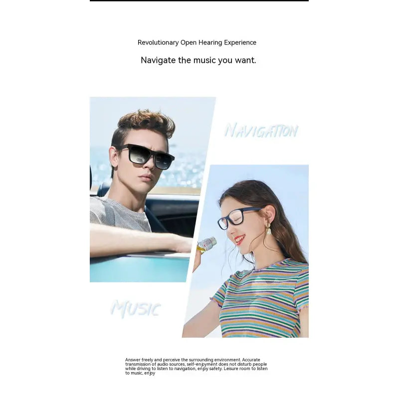 Bluetooth smart glasses with headset worn by man and woman enjoying music and navigation outdoors
