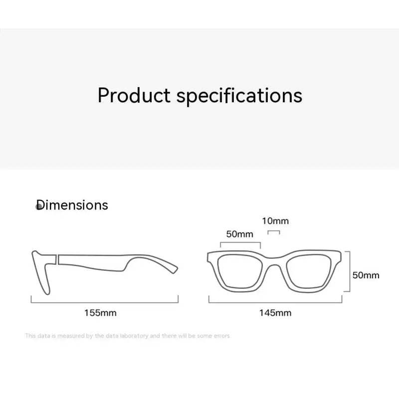 Dimensions diagram of Bluetooth smart glasses with headset showing measurements from side and front views