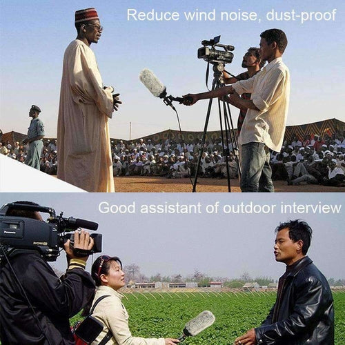 Outdoor microphone windscreen muff for reducing wind noise during interviews in outdoor settings