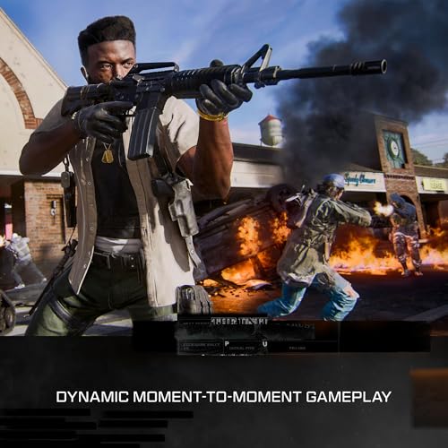 Call of Duty Black Ops 6 PS5 gameplay screenshot showing a character aiming a rifle in a fiery urban battle scene