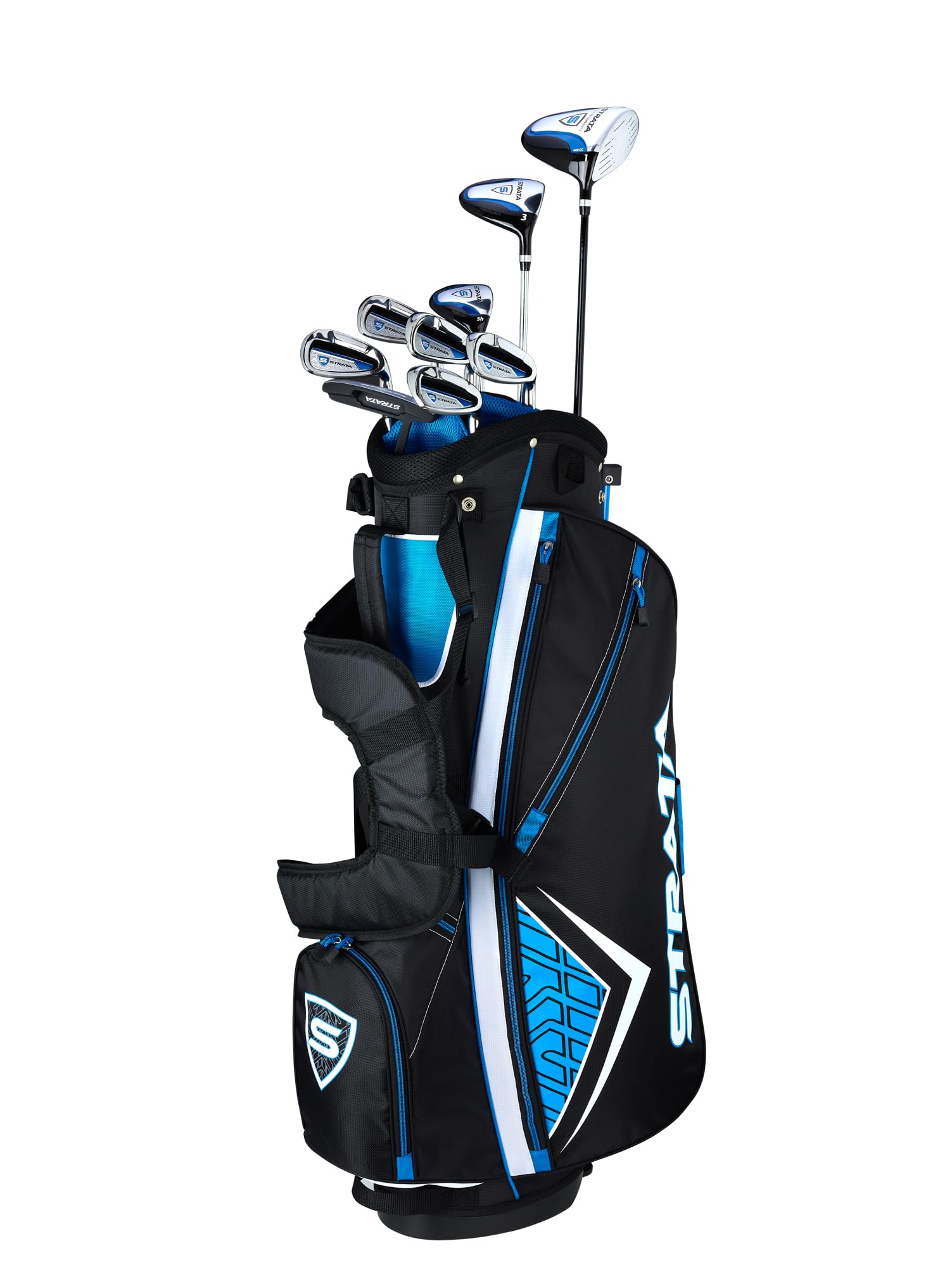 Callaway Strata golf club set in black and blue golf bag with irons and woods included