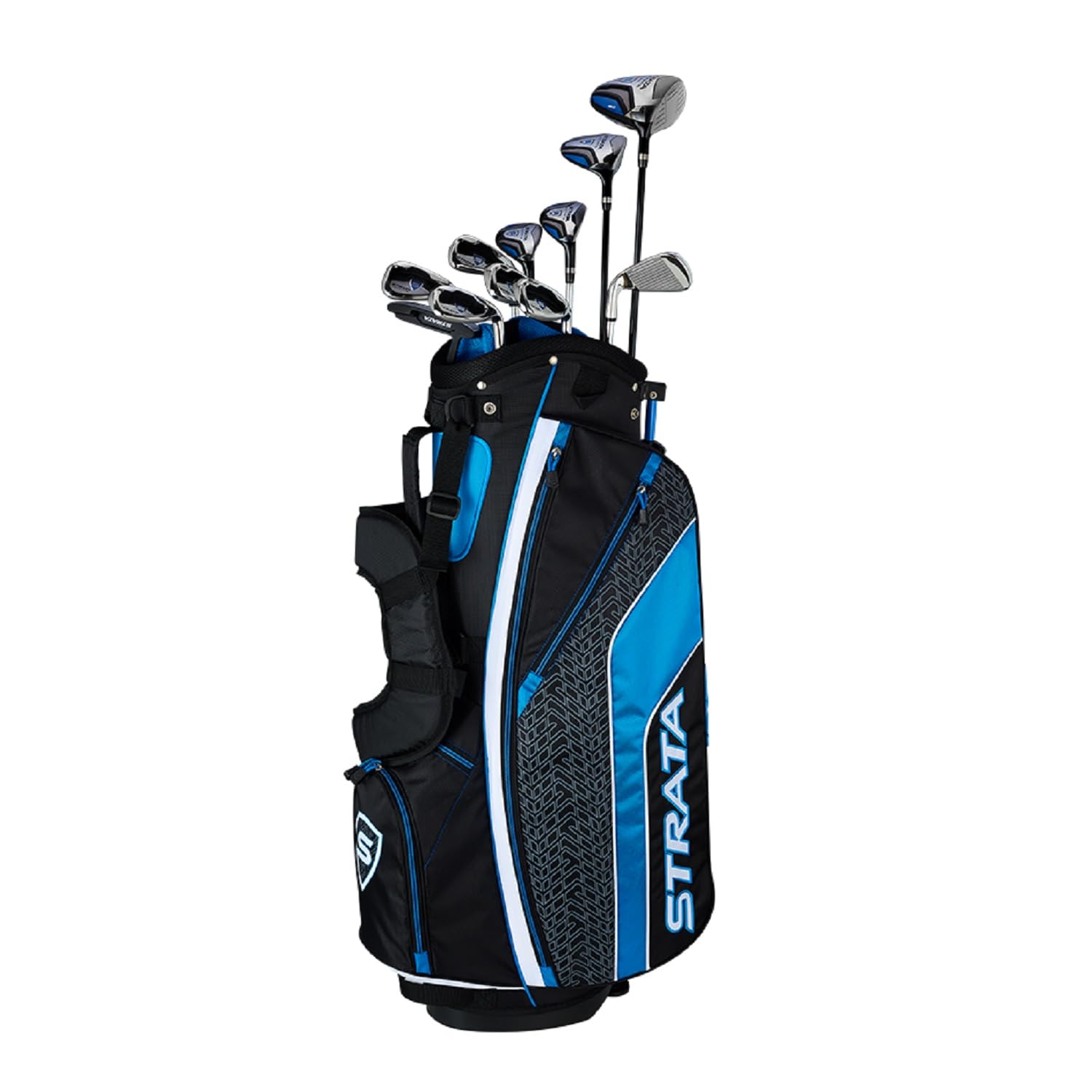 Callaway Strata golf club set in black and blue golf bag with multiple clubs for players