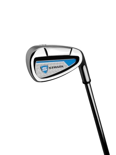 Close-up of Callaway Strata golf club set iron with blue and silver clubhead design