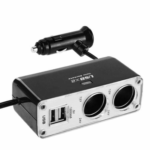 2-socket car cigarette lighter adapter with USB ports for charging multiple devices on the go