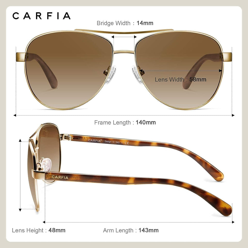 CRAQUES polarized sunglasses for women with gold frame and brown gradient lenses featuring detailed measurements
