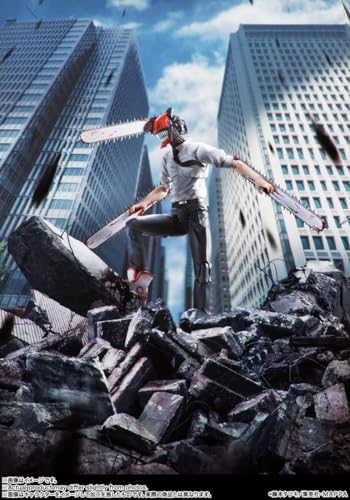 Chainsaw Man action figure posed on rubble between skyscrapers with three chainsaws in an urban setting