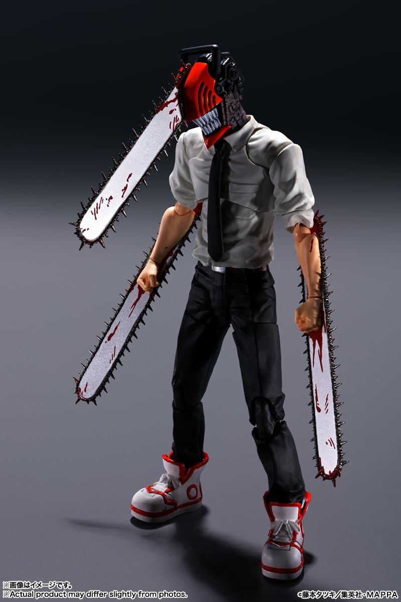 Chainsaw Man action figure by craques featuring detailed figure with blood-spattered chainsaws on arms and helmet