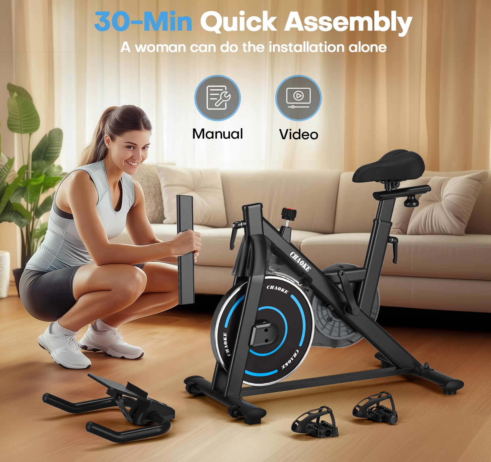 Woman assembling craques magnetic resistance exercise bike quickly with manual and video instructions in living room