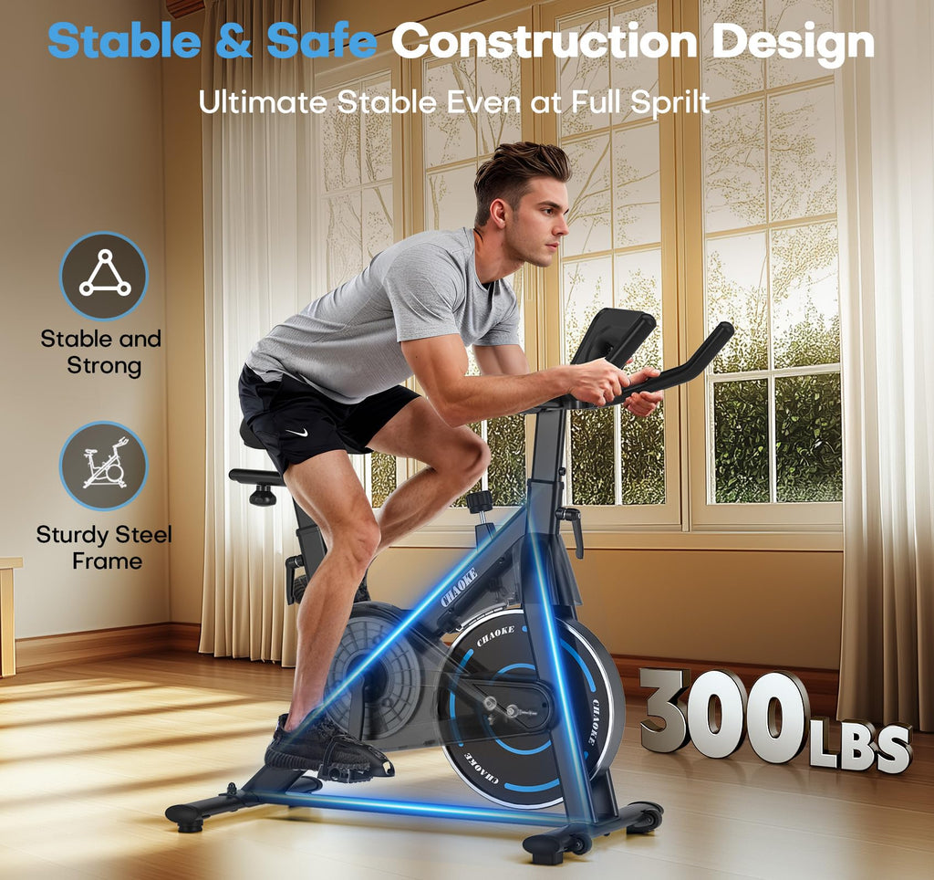 Man exercising on a stable magnetic resistance exercise bike with sturdy steel frame indoors