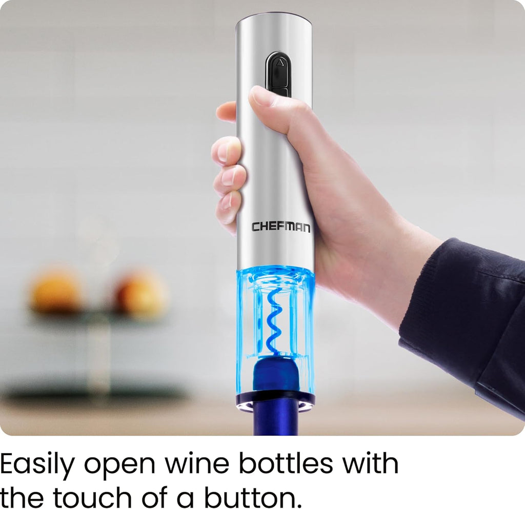 Craques electric wine opener rechargeable in silver held over wine bottle for easy cork removal