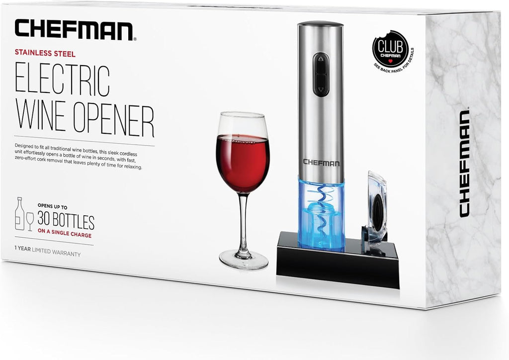 Chefman stainless steel electric wine opener rechargeable with foil cutter and glass of red wine