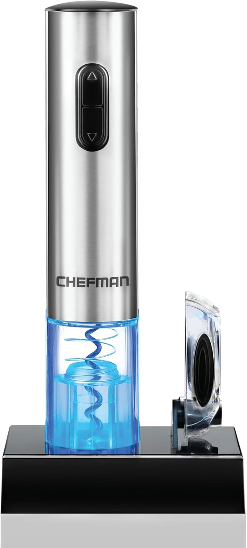 Chefman electric wine opener rechargeable with stainless steel body and clear base on black charging stand