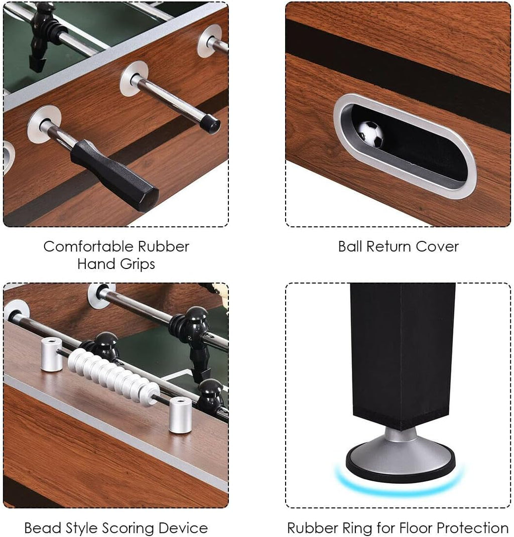 Craques 54 inch foosball table features comfortable rubber hand grips ball return cover bead style scoring device and rubber ring for floor protection