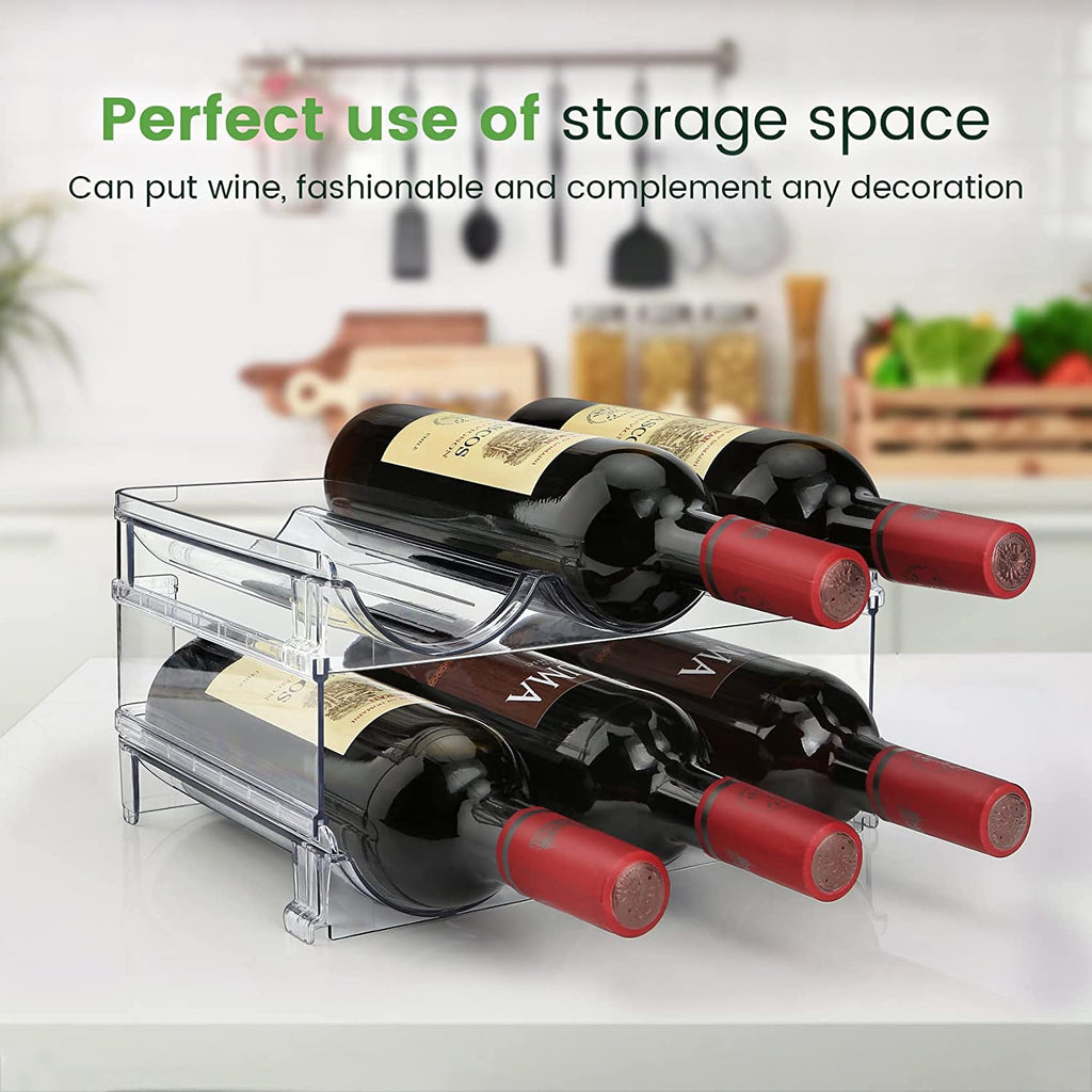 Transparent storage organizer holding five wine bottles on kitchen counter by craques