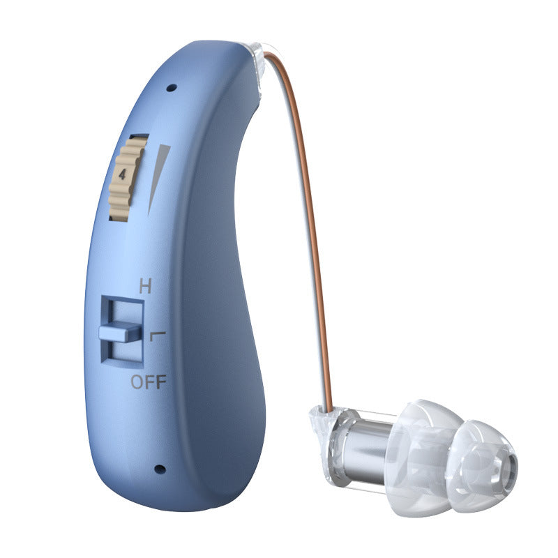 Blue behind the ear USB rechargeable hearing aid for seniors with thin tube and soft dome earpiece