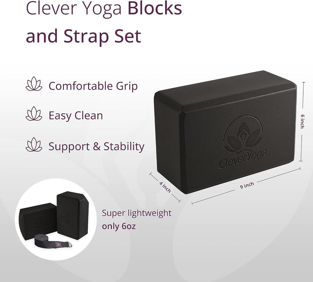 Clever Yoga lightweight foam yoga blocks in black with comfortable grip and support for stability