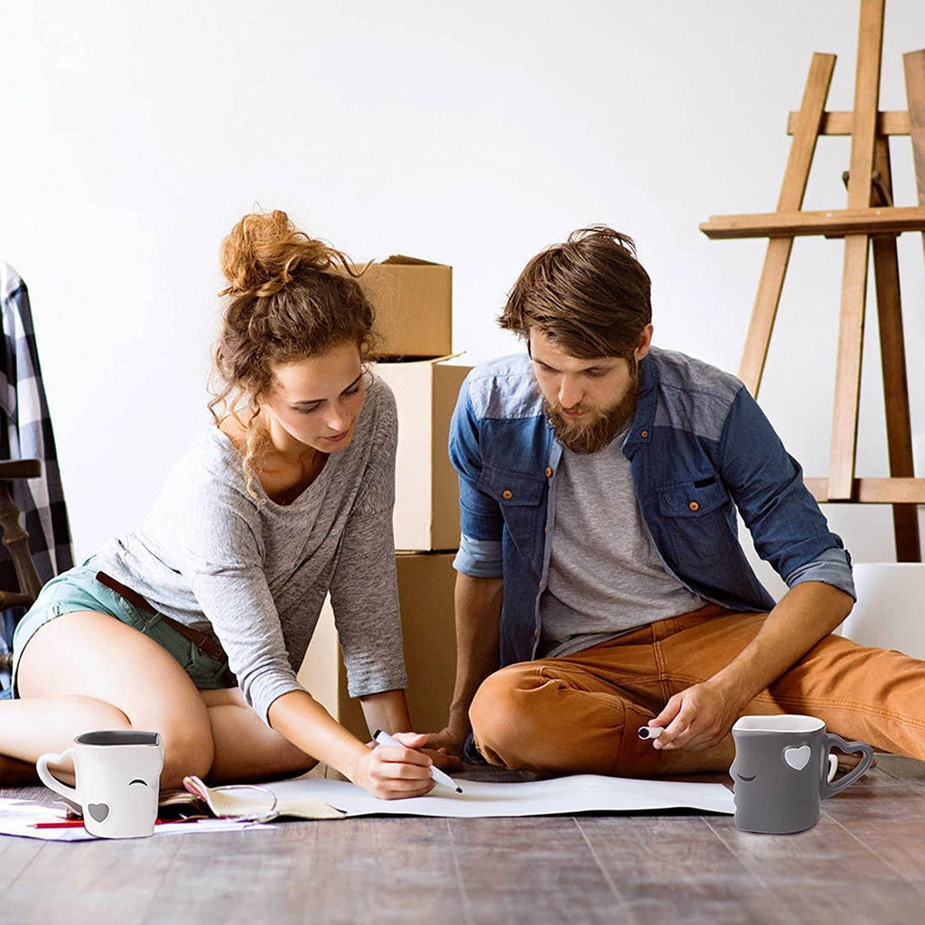 Coffee Mugs/Kissing Mugs Set Ceramic with Gift Box (Gray) - Gray