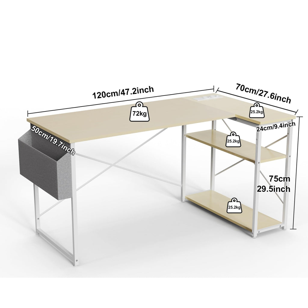 Craques computer desk with power outlets featuring L-shaped design with storage shelves and fabric basket