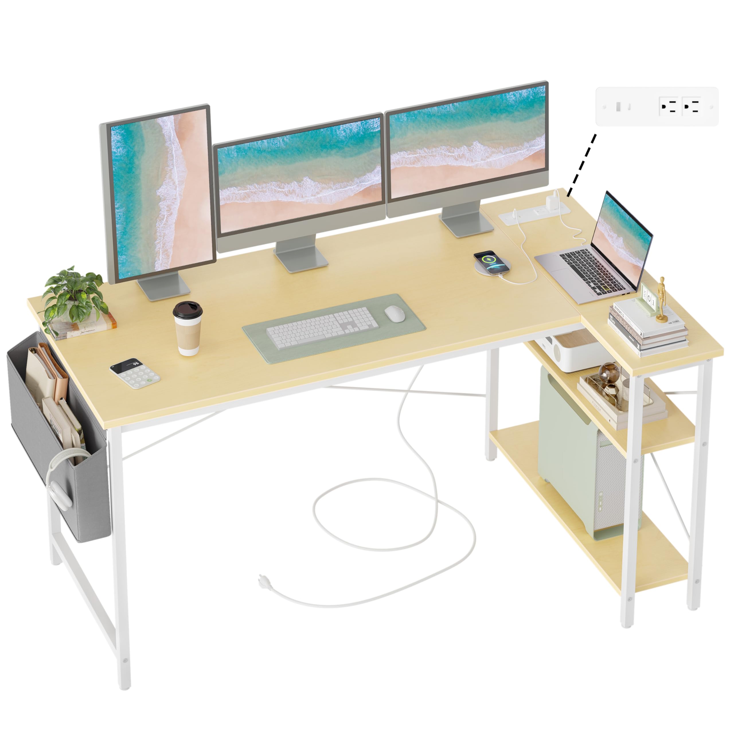 Craques computer desk with power outlets featuring triple monitor setup and organized workspace