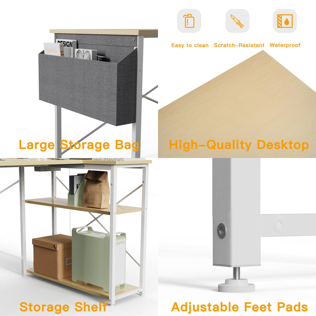 Craques computer desk with power outlets featuring large storage bag, high-quality desktop, storage shelf, and adjustable feet pads