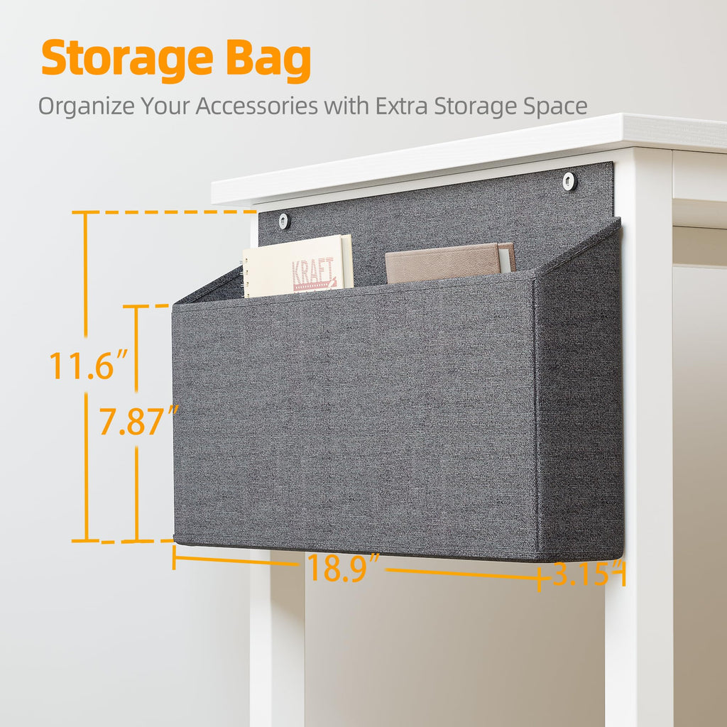 Craques computer desk with power outlets featuring attached grey fabric storage bag for organizing accessories