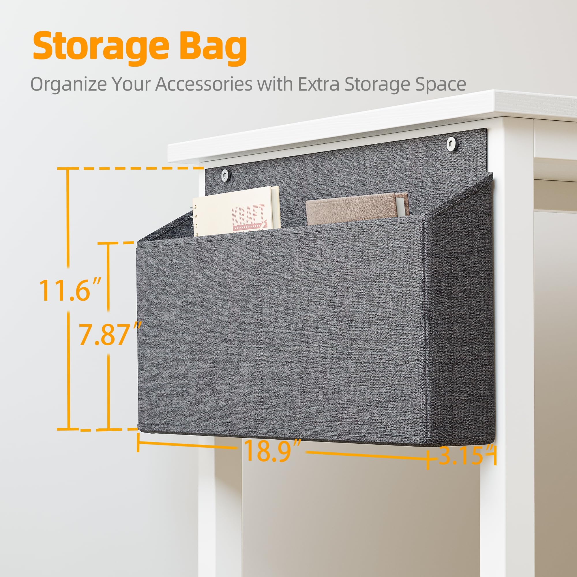 Craques computer desk with power outlets featuring attached grey fabric storage bag for organizing accessories