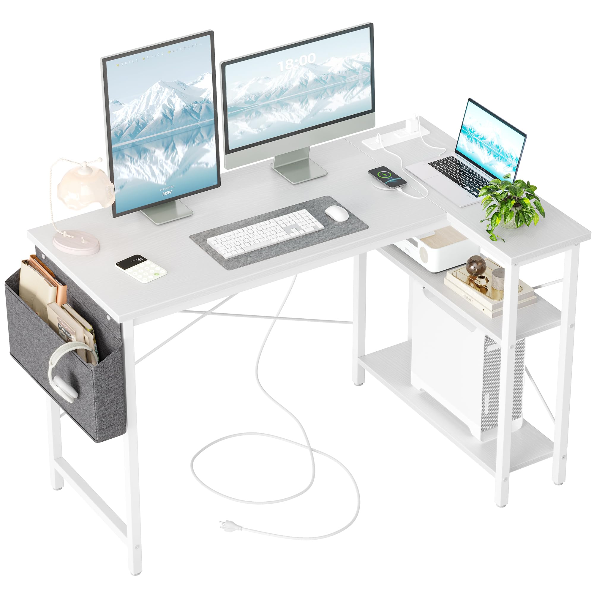 White computer desk with power outlets featuring dual monitors, laptop, and storage accessories