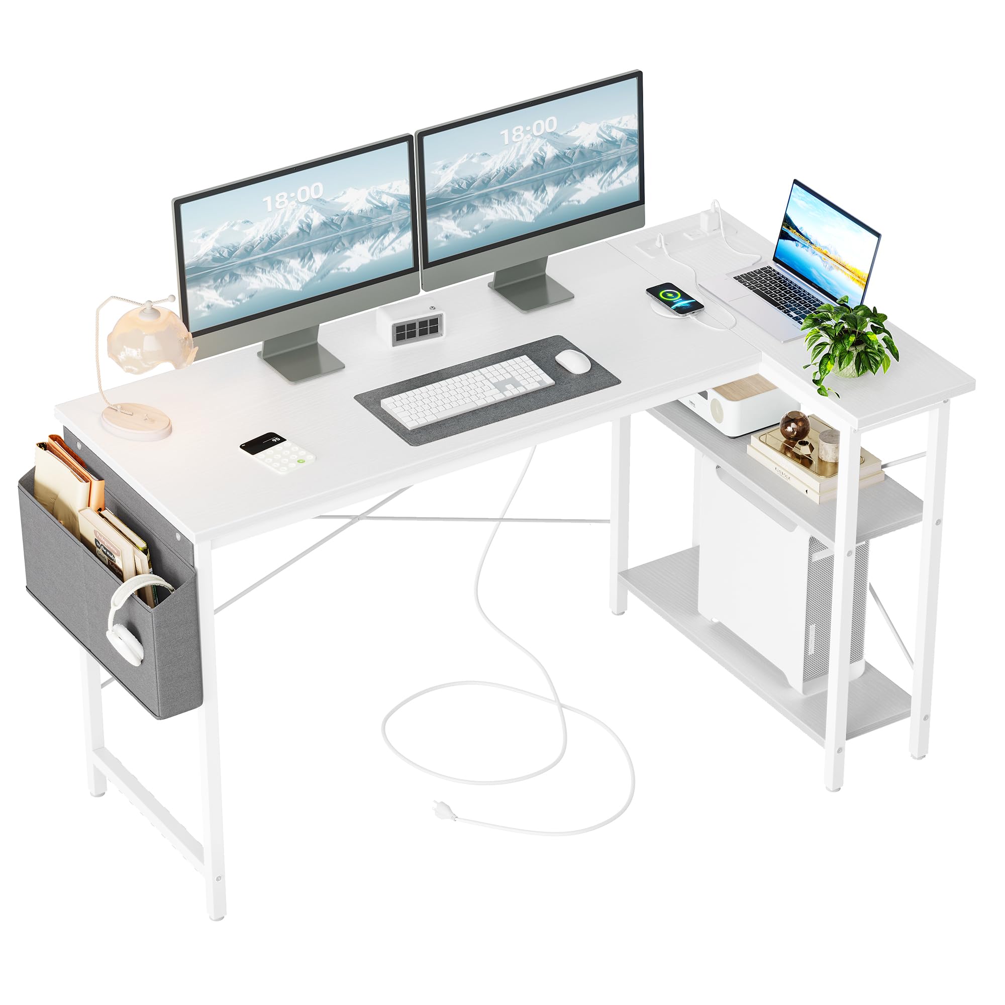 White computer desk with power outlets featuring dual monitors laptop storage and side organizer