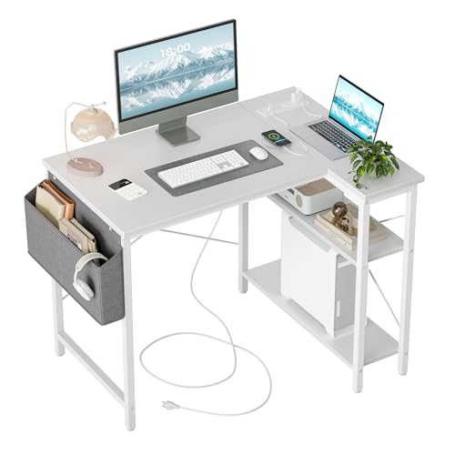Craques white computer desk with power outlets featuring built-in storage and modern workspace setup