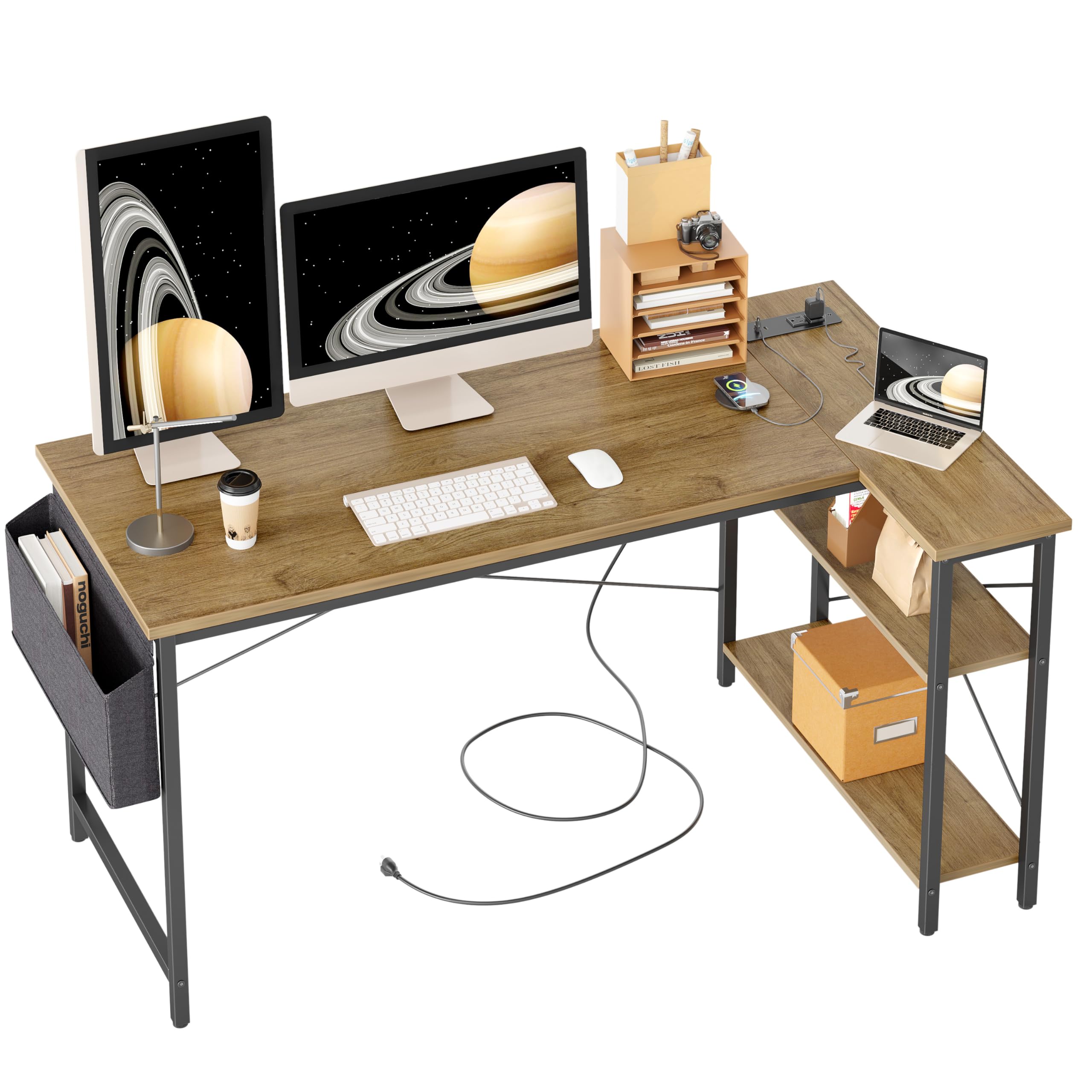 Craques computer desk with power outlets featuring L-shaped wood surface and metal frame with storage shelves
