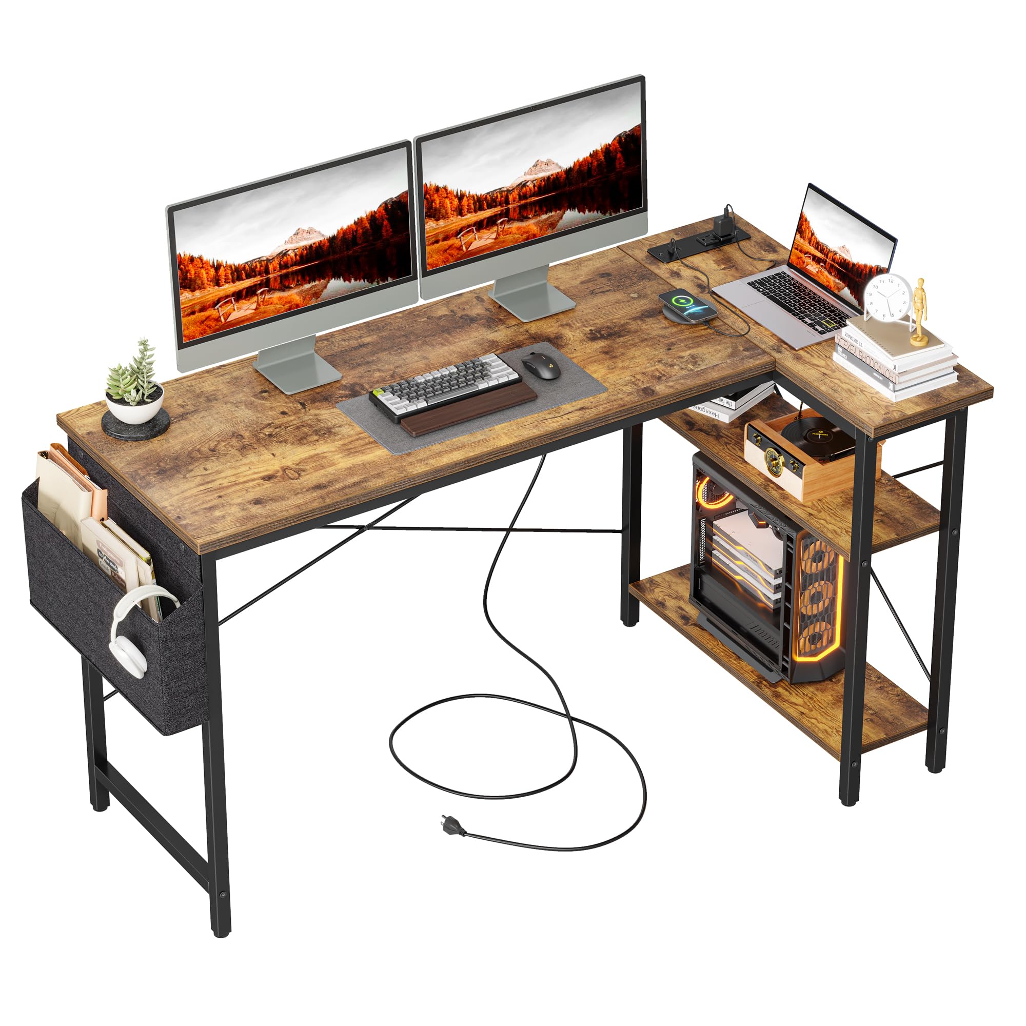 Craques L-shaped computer desk with power outlets featuring a rustic wood finish and black metal frame