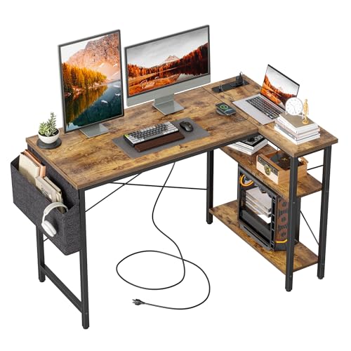 Craques computer desk with power outlets featuring rustic wood surface black metal frame and multiple shelves for office setup