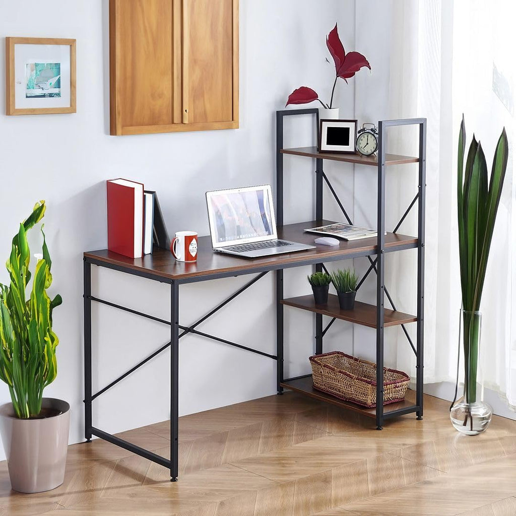 Craques computer desk with shelves in black metal frame and wood finish with laptop and decor