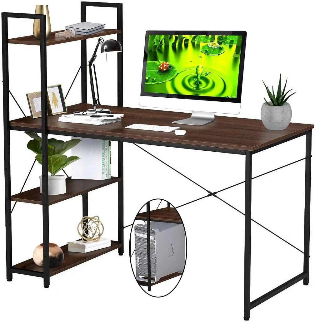 Craques computer desk with shelves in wood and black metal frame holding monitor and decor
