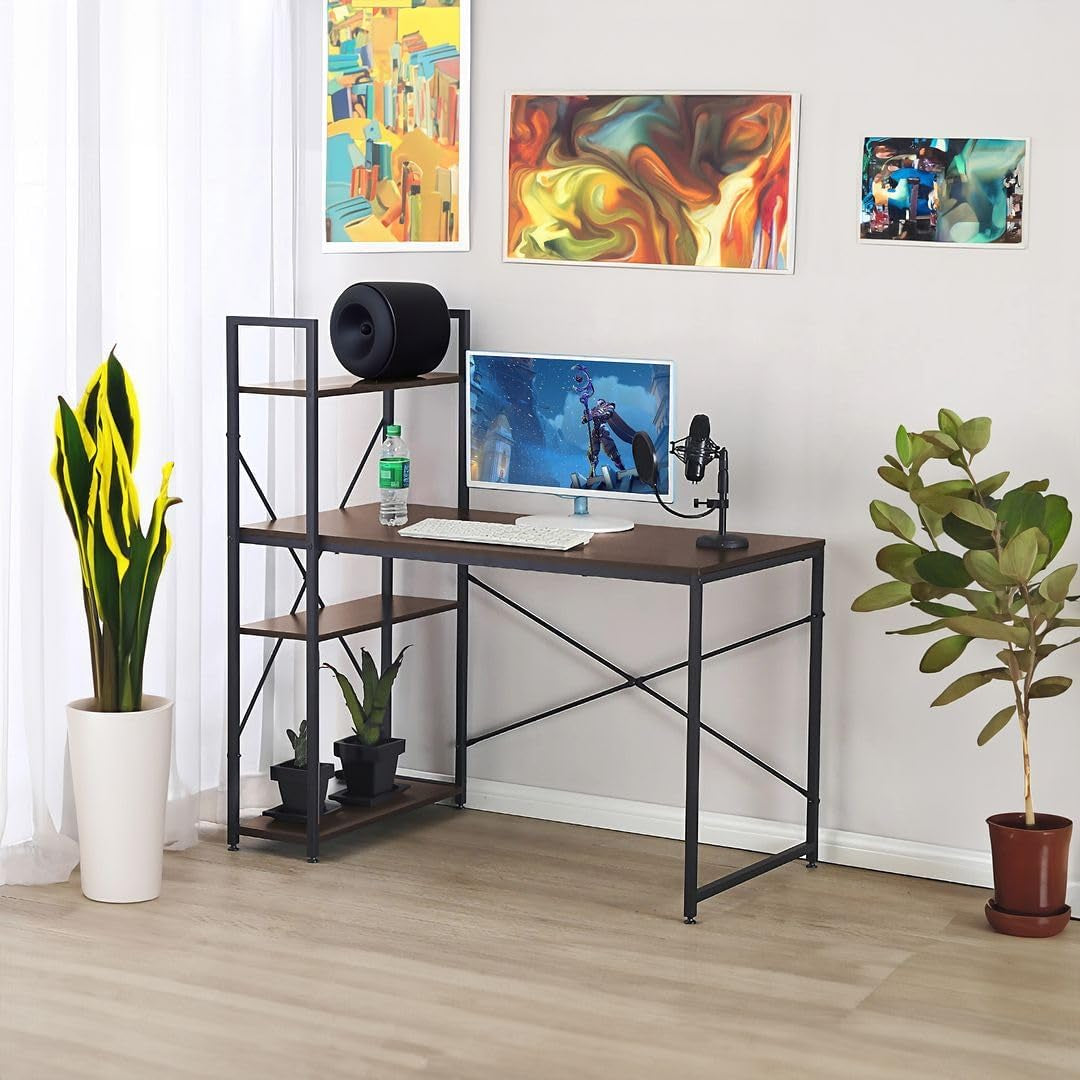 Craques computer desk with shelves in black metal frame and wood finish in modern home office setup