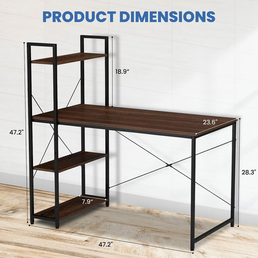 Craques computer desk with shelves in wood and black metal frame showing product dimensions