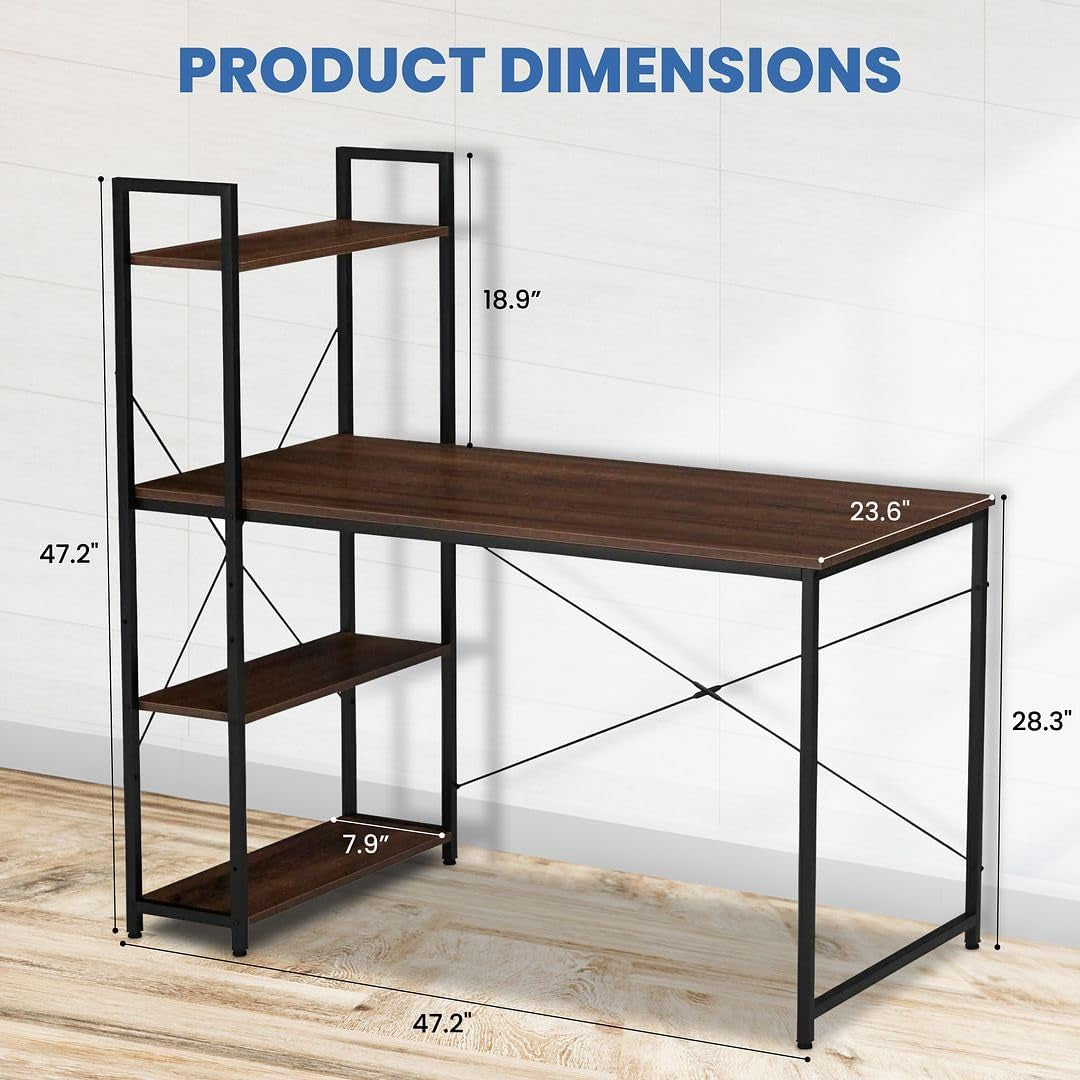 Craques computer desk with shelves in wood and black metal frame showing product dimensions
